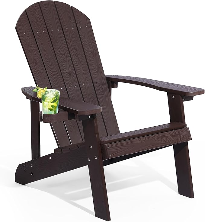 Adirondack Chair, All Weather Resistant Plastic Chairs with Cup Holder, 5 Easy Steps to Install, Outdoor Chairs for Patio, Garden, Backyard Deck, Lawn, Fire Pit - Brown