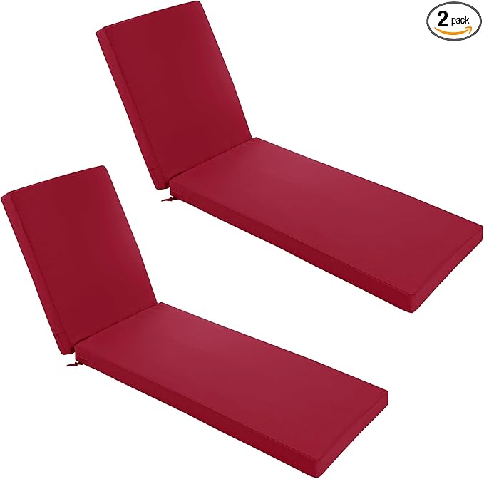 Chaise Lounge Cushions Outdoor Set of 2 - Waterproof and Fade Resistant Sun Lounger Replacement Cushions - Patio Lounger Pads with Removable Cover for Pool, Deck, Lawn, 80 x 26 x 3 Inch, Red