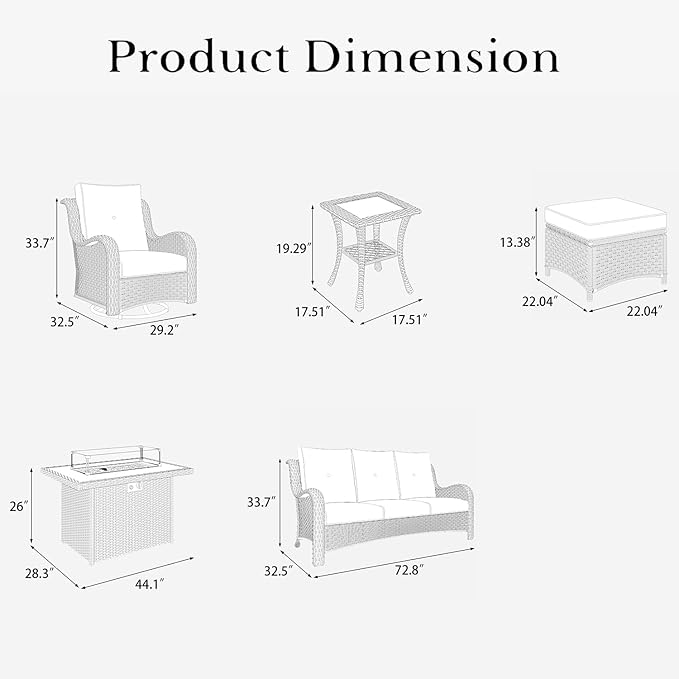 LayinSun 7 Pieces Outdoor Patio Furniture Set with Fire Pit Table, Rattan Wicker Sectional Swivel Rocker Chairs Sets with Ottomans, Swivel Glider Chairs and Coffee Table
