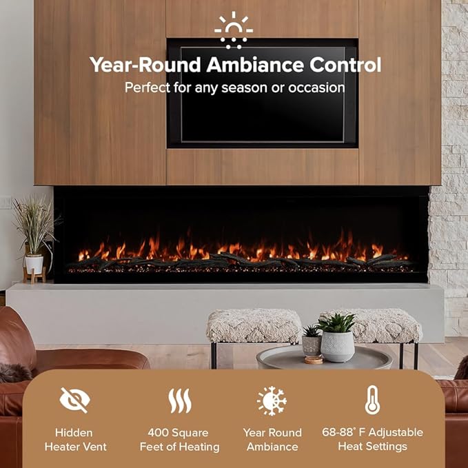 Modern Ember Highmark 100 Inch Smart Linear Electric Fireplace - Premium Flame with 10 Colors, Sleek Hidden Vent Design, Install Recessed in-Wall or Wall-Mount, WiFi Enabled