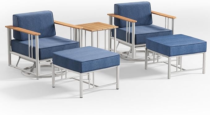 Luxury Patio Swivel Chairs with 6" Extra Thick Cushions, Outdoor Furniture Set with Ottomans and Side Table, Swivel Outdoor Chairs for Porch, Balcony, Deck, Patio, Yard, Poolside, White/Blue