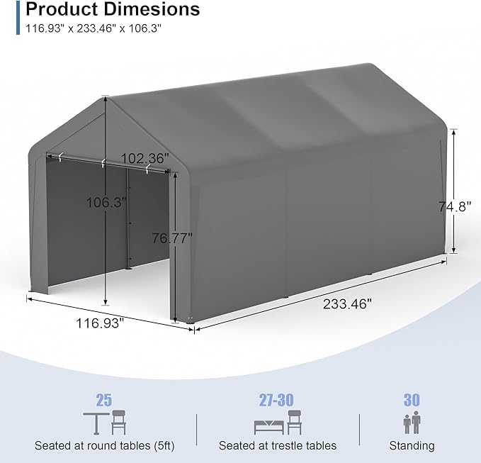 Carport, 10‘ x 20’ Heavy Duty Portable Garage All-Season Car Canopy w/Removable Sidewall & Doors, Carport Canopy Party Tent w/Water-Resistant Tarp for Backyard (Grey, 10‘ x 20’)