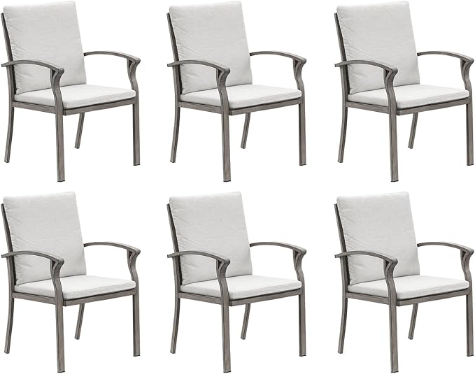 SEEHILL Patio Dining Chair Set of 6, Outdoor Dining Chairs with Thick Cushion, Sturdy Aluminum Outdoor Chairs for Table, Outdoor Dining Furniture Set for Deck, Garden, Backyard, Pool, Limed Oak