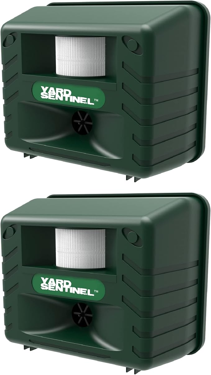 ASPECTEK Includes AC Adapter, Extension Cord Pest Repeller Yard Sentinel 2 Pack Outdoor Ultrasonic Animal Control, Green, Sound Frequency:15 kHz -18 kHz