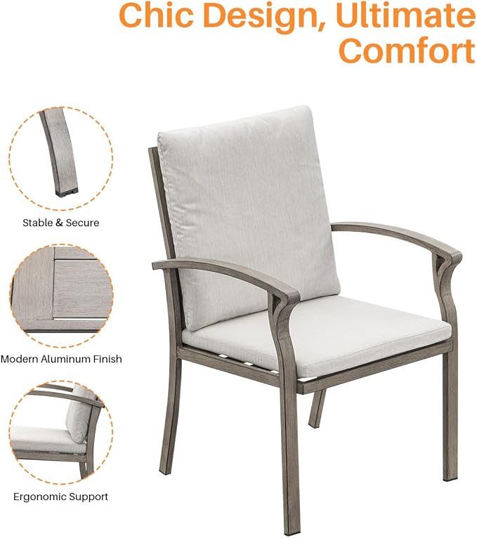 SEEHILL Patio Dining Chair Set of 6, Outdoor Dining Chairs with Thick Cushion, Sturdy Aluminum Outdoor Chairs for Table, Outdoor Dining Furniture Set for Deck, Garden, Backyard, Pool, Limed Oak