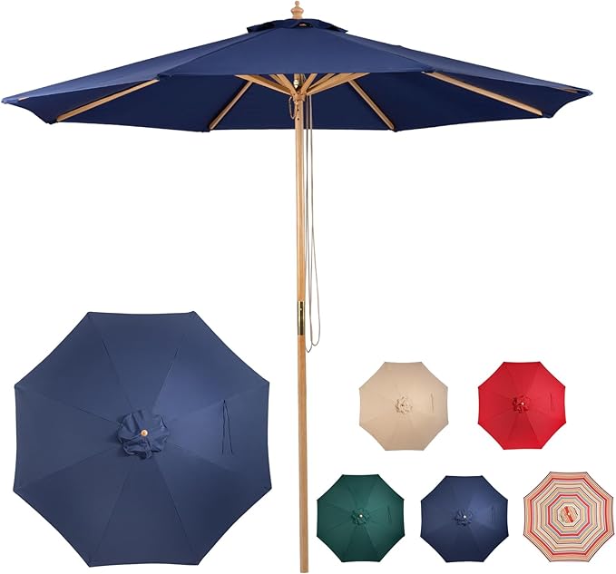 9ft Bamboo Umbrella, Outdoor Patio Umbrella, Waterproof Market Umbrella, 8 Ribs Table Umbrella with Pulley Lift for Garden, Deck, Pool, lawn, Backyard