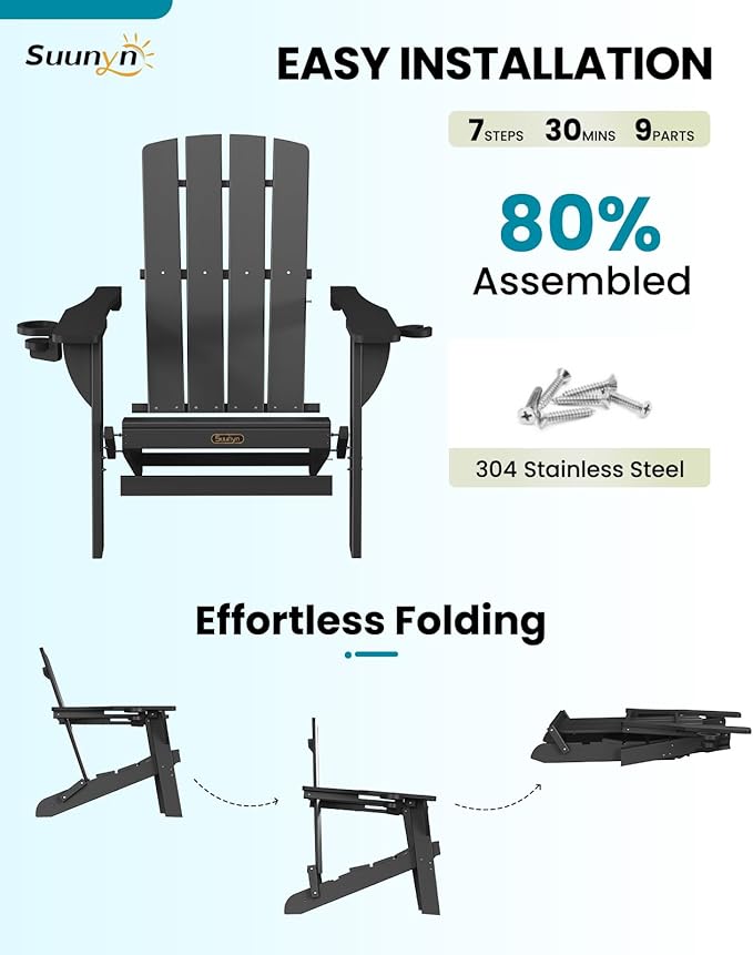 Folding Adirondack Chair, HDPE All-Weather Fire Pit Chairs, Plastic Adirondack Chairs with 2 Cup Holder, Outdoor Lawn Chair for Patio Garden (Black)