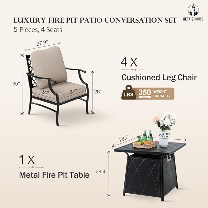 HERA'S HOUSE 5 Pieces Patio Furniture Set with Fire Pit Table, 4 x Thick Cushioned Chairs, 1 x Fire Pit Table (50,000 BTU), All Weather Outdoor Conversation Set for Garden, Backyard, Lawn