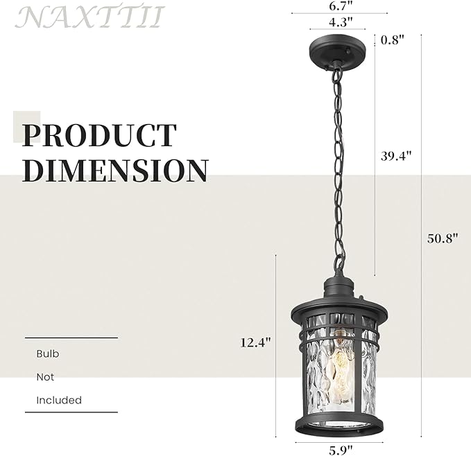 Naxttii Outdoor Pendant Lights for Porch Aluminum Hanging Porch Light with Water Ripple Glass Hanging Lantern for Front Patio Gazebo Foyer or Garage