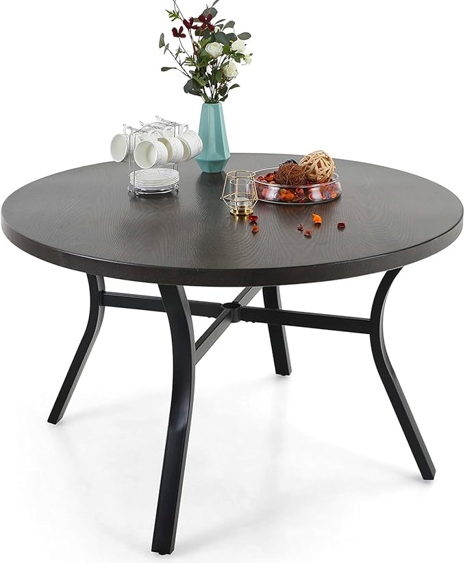 PHI VILLA 44 Inch Large Metal Round Table for 4, Wood-Like Top Patio Table with Umbrella Hole, Large Modern Furniture for Deck, Porch, Yard - Black