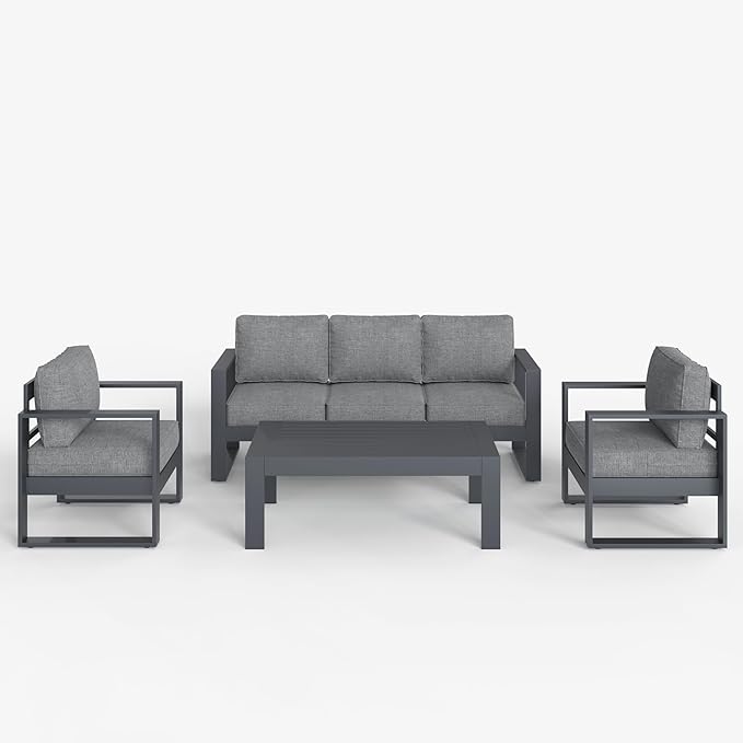 LayinSun 4 Pieces Aluminum Outdoor Patio Furniture Set, Metal Modern Conversation Sofa Set with Coffee Table and Washable Thick Cushions for Porch, Backyard, Deck