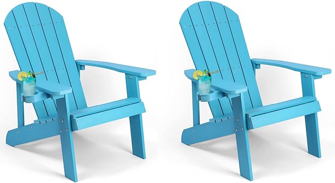Adirondack Chairs Set of 2, All Weather Resistant Plastic Chairs with Cup Holder, 5 Easy Steps to Install, Outdoor Chairs for Patio, Garden, Backyard Deck, Lawn, Fire Pit - Lake Blue