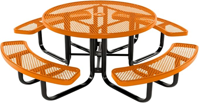 COATEDOUTDOORFURNITURE Heavy-Duty Portable Outdoor Kids Table with Umbrella Hole, Expanded Metal Kids Picnic Table, Commercial-Grade, Made in America (46 in, Round, Childrens, Textured Orange)