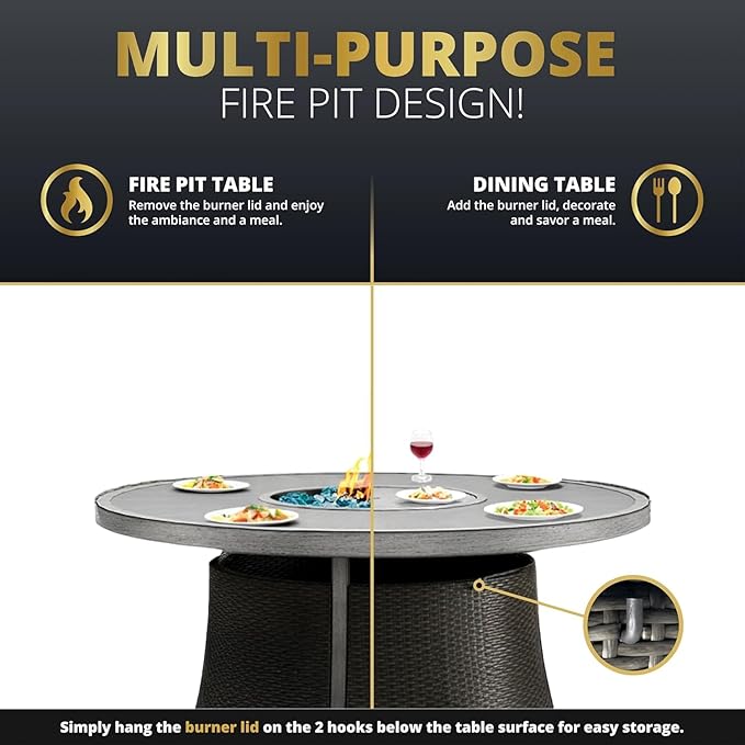 7-Pieces Patio Furniture Set with 52" Round Fire Pit Table, 6 x Patio Dining Chair with Cushions, 50,000 BTU, with CSA Certified, All-Weather Aluminum Frame Conversation Sets for Yard, Patio, Garden