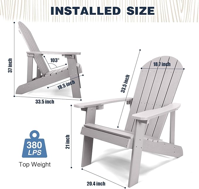 Adirondack Chairs Set of 4, All Weather Resistant Plastic Chairs with Cup Holder, 5 Easy Steps to Install, Outdoor Chairs for Patio, Garden, Backyard Deck, Lawn, Fire Pit - Grey