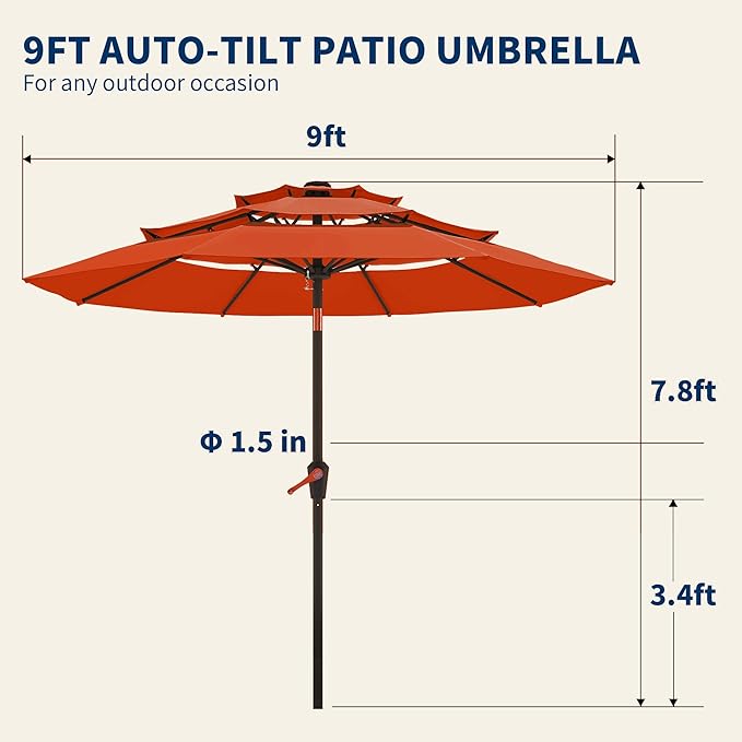 9FT 3 Tiers Patio Umbrella With Auto Tilt And Crank, Outdoor Table Market Umbrella with 8 Sturdy Ribs for Garden, Lawn, Deck, Backyard and Pool