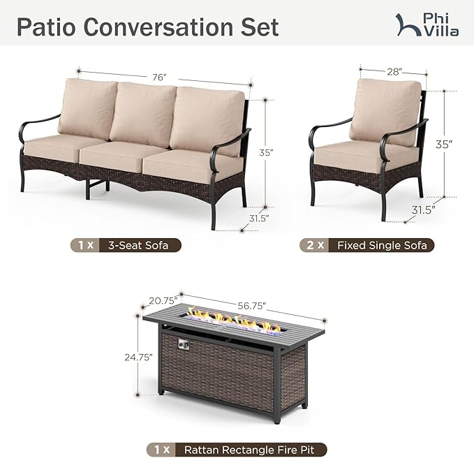 Patio Furniture Set with 56" Fire Pit Table, Premium Outdoor Wicker Metal Frame Furniture with Upgraded Waterproof Thick Cushions for Porch, Poolside, Deck, and Yard （4 Pieces,Beige）
