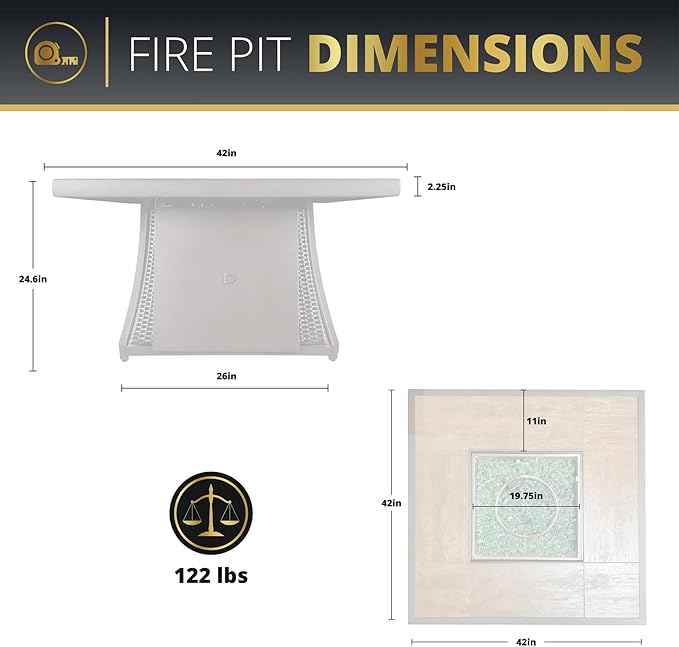 42" Outdoor Fire Pit Table for Patio Square 50,000 BTU CSA Certified Propane Gas Fire Pit with Wicker Base Ceramic Tile Top and Lid&Wind Guard for Garden, Backyard, and Deck Parties