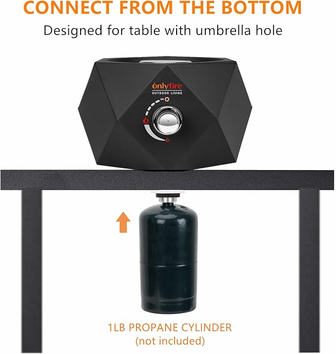 ONLYFIRE OUTDOOR LIVING Propane Gas Fire Pit Bottom-Mounted, 14" Portable Gas Firepit with Glass Stones for Table with Umbrella Hole for Outdoor Patio Camping Bonfire RV, #FP003