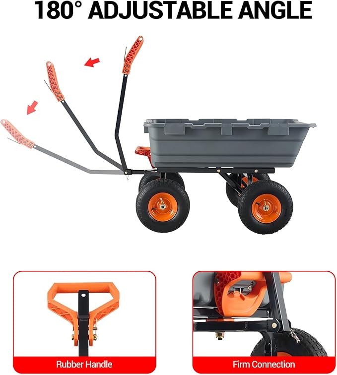 Garden Dump Cart, 800 LB Capacity, Heavy Duty Yard Wagon with All Terrain Tires & 180° Adjustable Handle, Durable Outdoor Gardening Cart for Lawn Yard, Grey