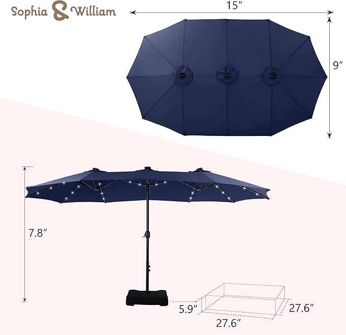 Sophia & William 15 ft Extra Large Patio Umbrella with Solar Lights, Rectangular Outdoor Umbrella with Base Included, Market Umbrella Double-sided Heavy Duty for Pool Garden Backyard, Navy Blue
