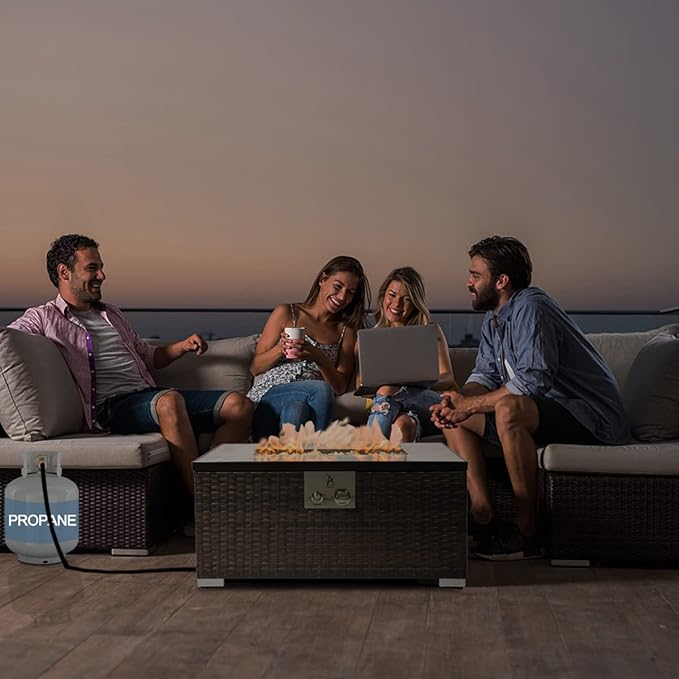 32'' Propane Fire Pit Table, Marble Textured Ceramic Tabletop, 50,000 BTU Fire Table with Brown Wicker, Mix Color Glass Rocks, Lid&Cover, Rectangle, Tank Required to Be Kept Outside.