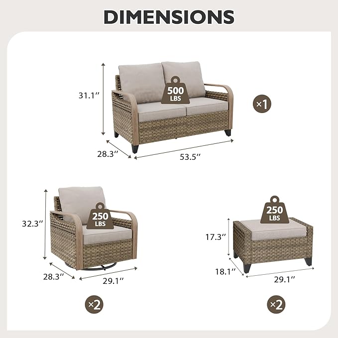 EAGLE PEAK Modern Wicker Outdoor Patio Furniture Set, Patio Conversation Set, 2 Swivel Rocking Chairs, 2-Seat Loveseat and 2 Ottomans, 5 Pieces, Brown/Gray