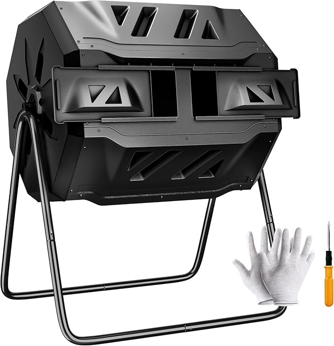 Saicool 43 Gallon Large Composting Tumbler Dual Chamber Outdoor Garden Rotating Compost Bin Tumbling Composter with Sliding Door,Black