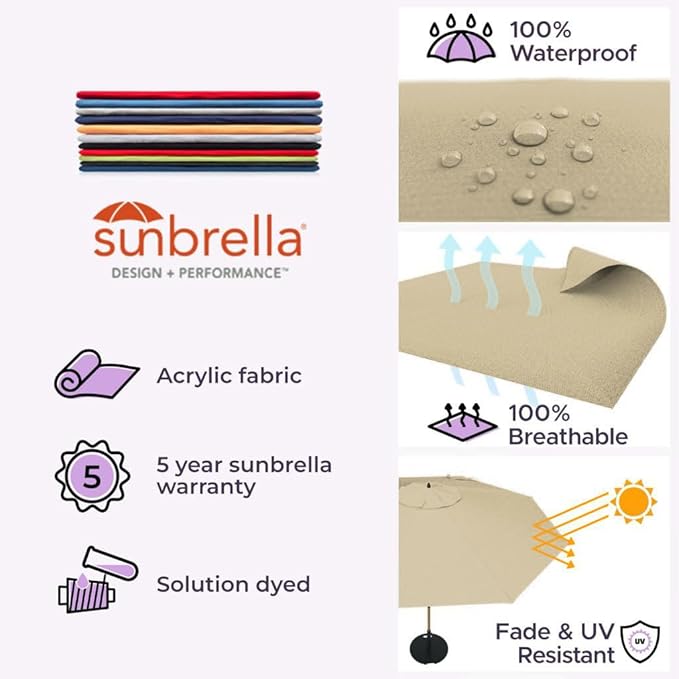 Midtown Umbrellas Push Pop Sunbrella Umbrella 9 Feet Outdoor Umbrella in Heather Tan Fabric - Patio Umbrella, Backyard Umbrella, Garden Umbrella, Picnic Table Umbrella & Pool Umbrella - Black Pole