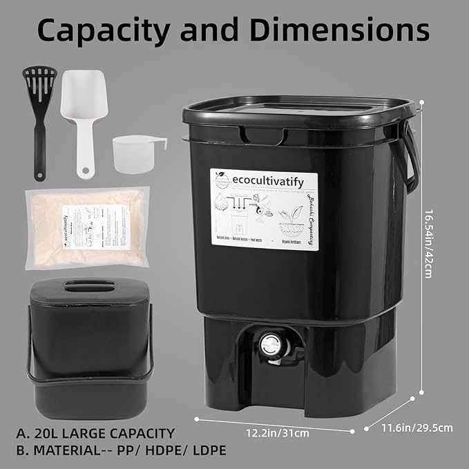 Bokashi Compost Bin, 5 Gallon Composter with Bokashi Bran, Indoor Compost Bin, Kitchen Countertop Compost Bin with Lid, Outdoor Composter Starter Kit