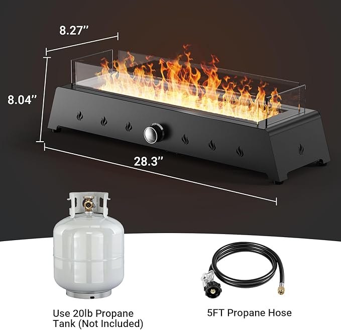 28'' Tabletop Fire Pit Table, 40,000 BTU Propane Fire Pit with Bottom Air Intake and Umbrella Hole, Outdoor Portable Fireplace Rectangular Fire Bowl w/Wind Glass Shield, Laval Rocks - Black