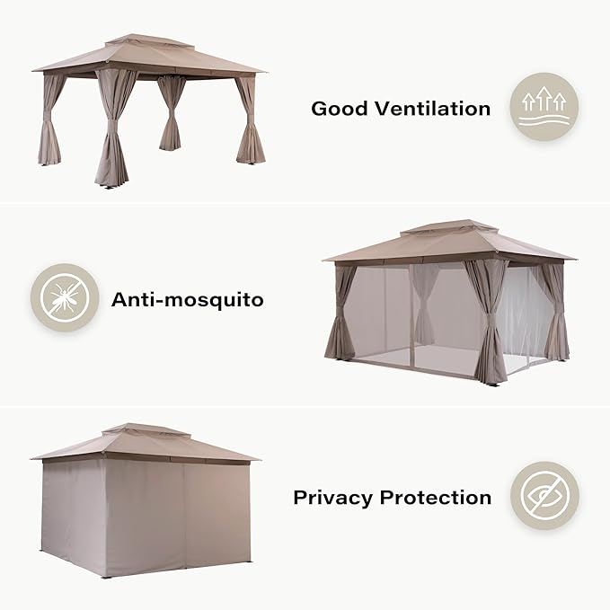LAUSAINT HOME Outdoor Patio Gazebo 10'x13' with Expansion Bolts, Heavy Duty Party Tent & Shelter with Double Roofs, Mosquito Nettings and Privacy Screens for Backyard (Champagne Khaki)