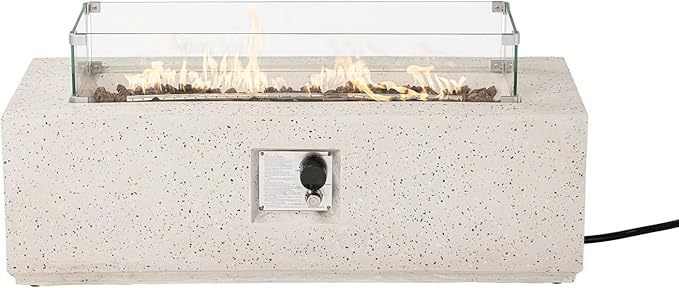COSIEST Outdoor Propane Fire Pit Coffee Table, 42-inch x 13-inch Terrazzo Rectangle Base Patio Heater w Certified, 50,000 BTU Stainless Steel Burner, Wind Guard, Free Lava Rocks and Rain Cover