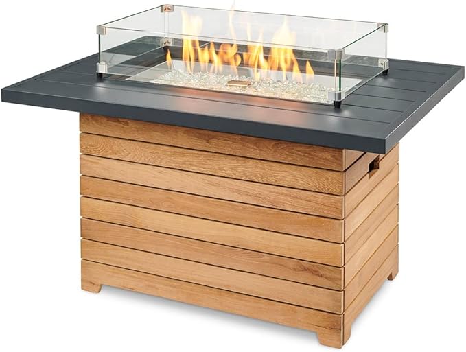 Outdoor GreatRoom Co Propane Fire Pit Table - Darien Gas Fire Pits for Outside Patio - 44 Inch Rectangular Everblend Concrete Firepit Fire Table, Wood Base, Glass Tabletop Cover, 55,000 BTU - Black