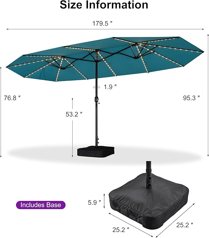 PURPLE LEAF 15ft Patio Market Umbrella with Solar LED and Base Double-Sided Rectangle Outdoor Table Sun Umbrellas with Crank for Pool Beach Deck Backyard Turquoise Blue