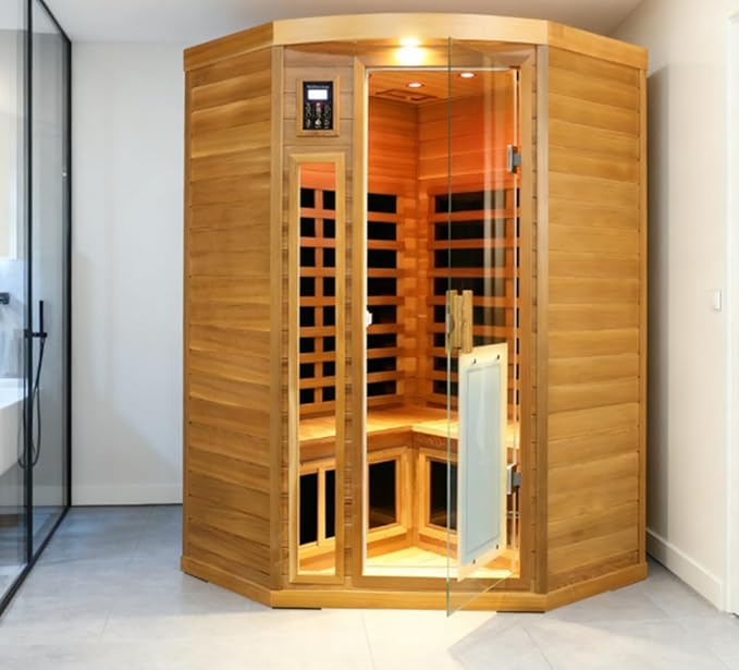2-3 Person Infrared Sauna, Red Cedar Wood Low EMF Far Infrared Saunas for Home, 1760watt Indoor Personal Sauna Roombox with Door Heating Panels, Outdoor Lamps, Blue-Tooth, Dual Control