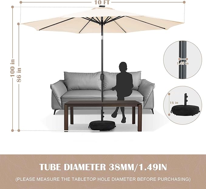 Sundale Outdoor Olefin 5-Year-Non-Fading Solar 88 LED 10FT Solar Patio Umbrella with Sand Bag Base, Outdoor Umbrella with Tilt and Crank, Beige