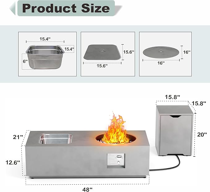 Dineli 2-Piece Outdoor Propane Fire Pit Table Set w Tank Table 48'' Rectangular Firepit w Ice Bucket Gas Fire Pits for Outside Patio Tabletop Fire Pits, 50,000 BTU, Gray