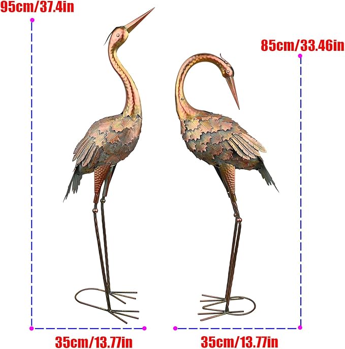 QNGCOLRCY 2pcs Crane Garden Statues, Metal Crane Outdoor, Blue Heron Sculpture Metal Yard Art, Large Garden Heron Lawn Ornaments for Backyard Pond Patio Porch Outside Decorations