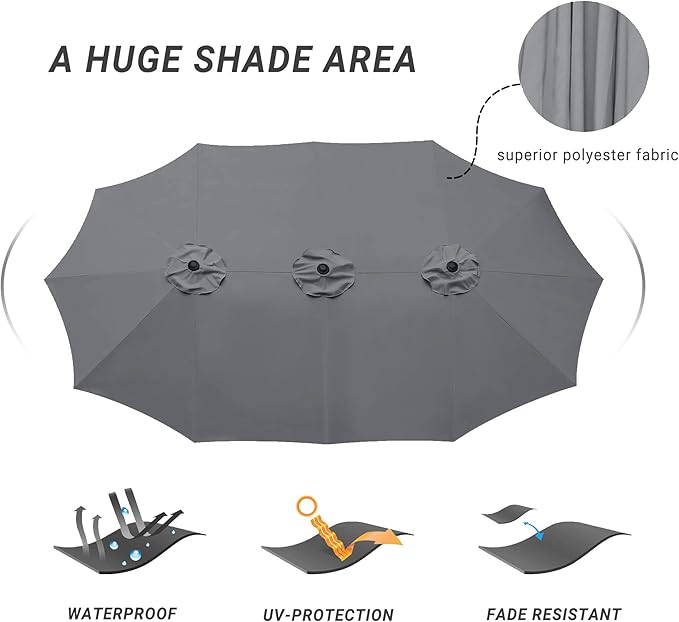 Bigroof 15ft x 9ft Patio Double-Sided Umbrella with Base & Crank, Extra Large Rectangular Outdoor Umbrella for Patio, Lawn & Garden, Beige