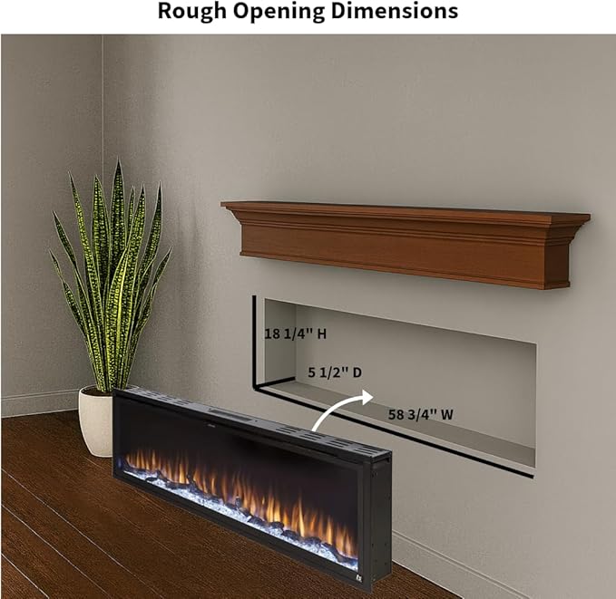 Touchstone Sideline Elite Smart 60” WiFi-Enabled Electric Fireplace - in-Wall Recessed - 60 Color Combinations - 1,500W Heater - Black - Log, Crystals & Driftwood - 80037