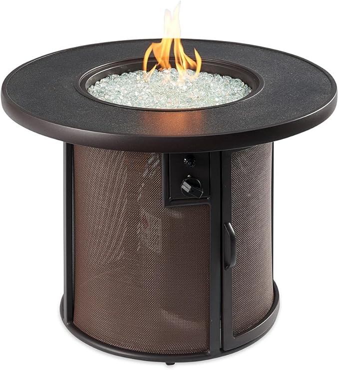 Outdoor GreatRoom Co Propane Fire Pit Table - Stonefire Gas Fire Pits for Outside Patio - 31" Round Composite Firepit Fire Table, Matching Tabletop Cover, Aluminum Frame Mesh Base, 55,000 BTU - Brown