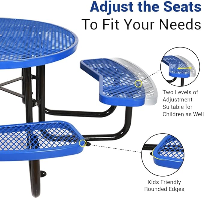Rueekfil 46" Thermoplastic Picnic Table with Umbrella Hole up to 1.5", Heavy Duty Commercial Picnic Table for Outdoor, Family & Party Ready for School Camping, Round, Blue