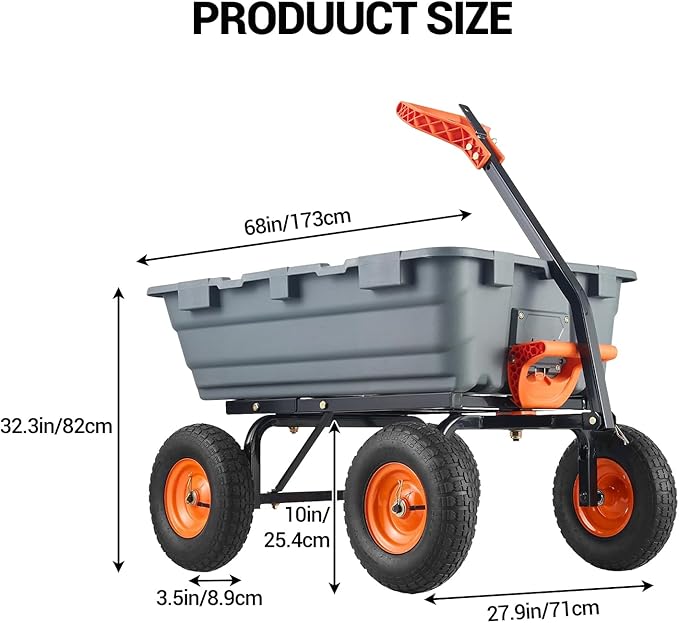 Garden Dump Cart, 800 LB Capacity, Heavy Duty Yard Wagon with All Terrain Tires & 180° Adjustable Handle, Durable Outdoor Gardening Cart for Lawn Yard, Grey