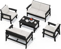 SERWALL HDPE Patio Furniture Set, 5 Piece All Weather Wood-Like Sectional Outdoor Furniture Set, Black Patio Sofa Couch with Khaki Cushions for Deck, Lawn