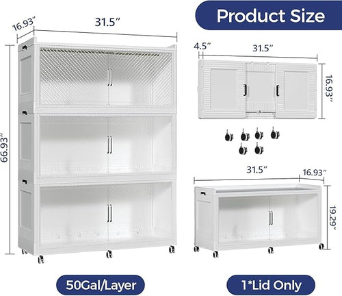150Gal Extra Large Stackable Storage Bins with Lid, 600Qt Collapsible Storage Box with Wheels, Closet Organizers and Storage Cabinet Container for Home, Kitchen, Office, 3Pack White Clear