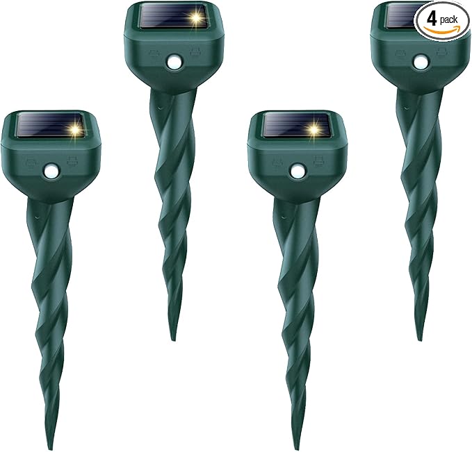 Mole Repellent Solar Powered, 4 Pack Snake & Skunk Repellent for Yard, IP 65 Waterproof Ultrasonic Deterrent Stakes, Get Rid for Rabbit, Gopher, Vole, Chipmunk, Deer, Groundhog for Lawns Garden