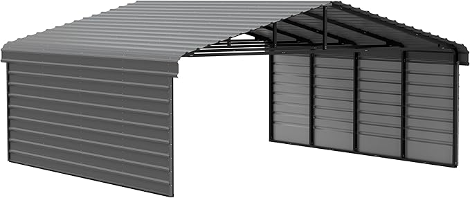Arrow Carports Galvanized Steel Carport, with 2-Sided Enclosure, Compact Car Metal Carport Kit, 20' x 20' x 7', Charcoal