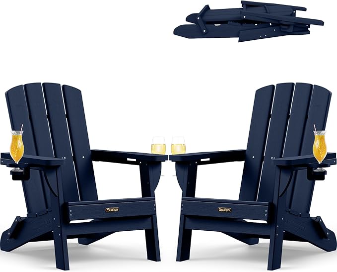 Folding Adirondack Chair 2 Pack, HDPE All-Weather Fire Pit Chairs, Plastic Adirondack Chairs with 2 Cup Holder, Outdoor Lawn Chair for Patio Garden (Navy Blue)