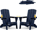 Folding Adirondack Chair 2 Pack, HDPE All-Weather Fire Pit Chairs, Plastic Adirondack Chairs with 2 Cup Holder, Outdoor Lawn Chair for Patio Garden (Navy Blue)